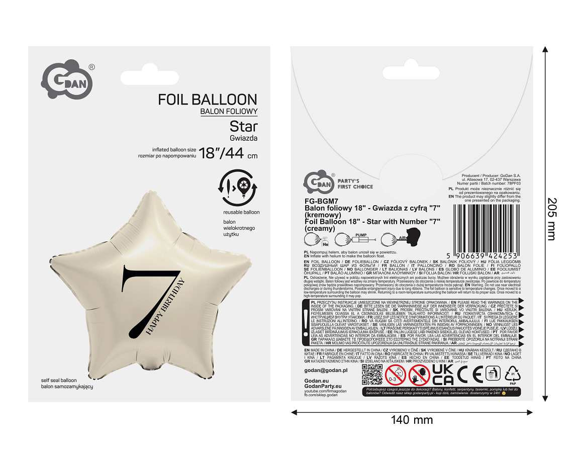 Balon foliowy 18" Gwiazda z cyfrą 7 kremowy FG-BGM7 GoDan